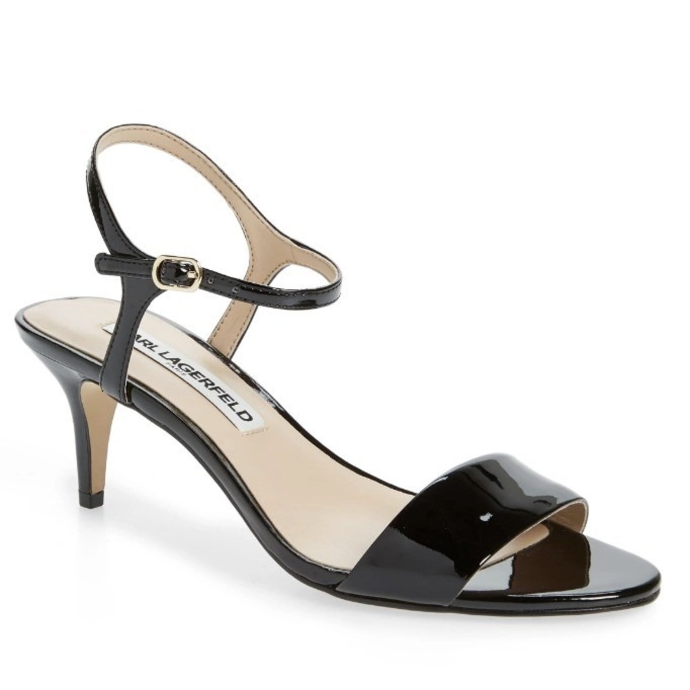 Karl Lagerfeld Size 10 Black Patent Leather Heels Kitten Sandal Demas